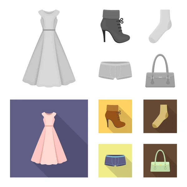 Botas de mulher, meias, calções, bolsa de senhora. Conjunto de roupas ícones de coleção em monocromático, estilo plano símbolo vetorial estoque ilustração web . —  Vetores de Stock