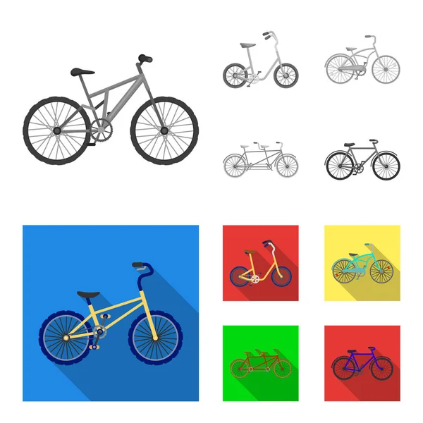 Barn cykel, en dubbel tandem och andra typer. Olika cyklar som samling ikoner i svartvitt, platt stil vektor symbol stock illustration web. — Stock vektor