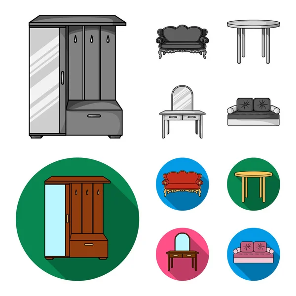 Sofá, sillón, mesa, espejo. Iconos de la colección de muebles e interiores del hogar en monocromo, vector de estilo plano símbolo stock illustration web . — Archivo Imágenes Vectoriales