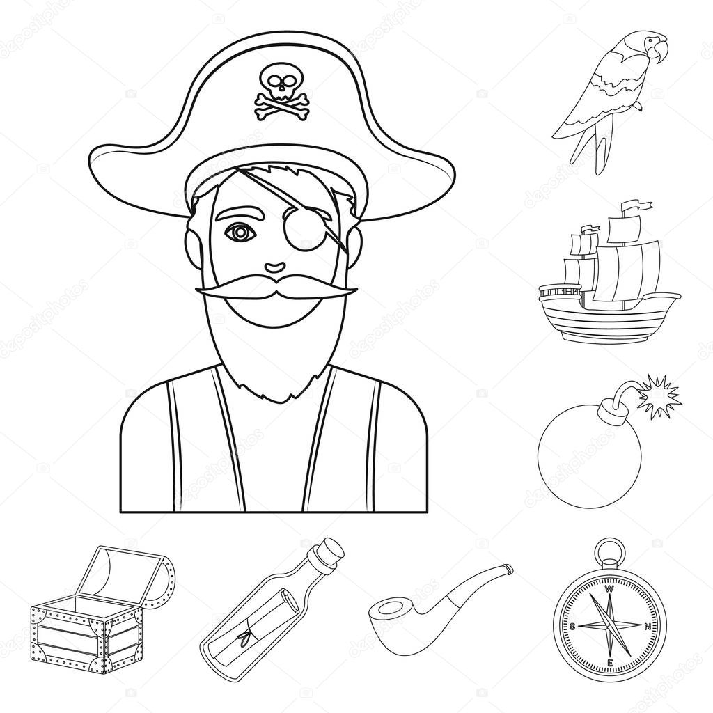 Pirate, sea robber outline icons in set collection for design. Treasures, attributes vector symbol stock web illustration.