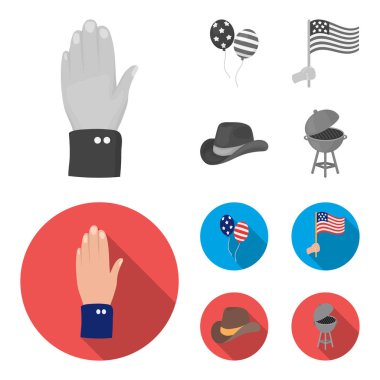Balonlar, ulusal bayrak, kovboy şapkası, el palm. Vatansever gün toplama simgeler tek renkli, düz stil vektör simge stok çizim web ayarla..