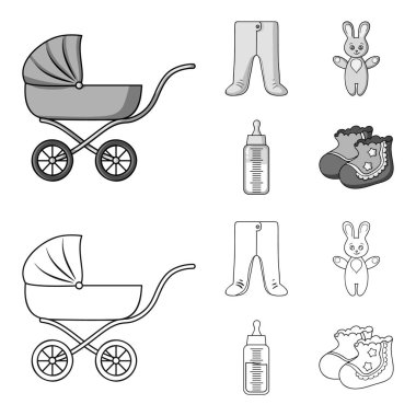 Bebek arabası, şişe bir emzik, oyuncak, sürgü ile. Anahat, tek renkli stil vektör simge stok çizim web doğan bebek set simgeler.
