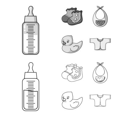 Çorap, önlük, Oyuncak ördek, raspashonka. Anahat, tek renkli stil vektör simge stok çizim web doğan bebek set simgeler.