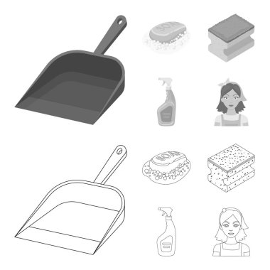 Mavi kaşık çöp, pembe sabun köpüğü, yıkama, ile windows için bir yol için pulvelizer için sünger ile için. Anahat, tek renkli stil vektör simge stok çizim web temizlik küme toplama simgeler