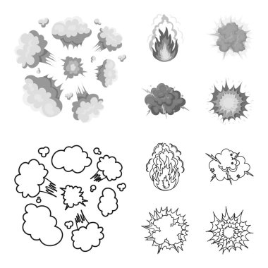 Alevi, kıvılcım, hidrojen parçaları, atomik ya da gaz patlaması, fırtına, güneş patlaması. Patlamalar toplama simgeler anahat, tek renkli stil vektör simge stok çizim web ayarla..