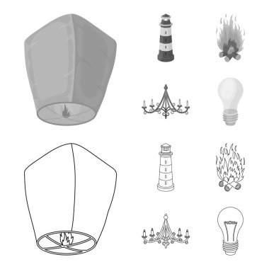 Işık bir fener, bir deniz feneri, bir yangın, mumlar ile bir avize. Işık kaynağı anahat, tek renkli stil vektör simge stok çizim web simgeler ayarla.