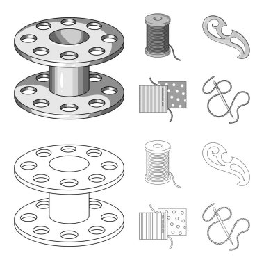Bir makara ile konu, bir iğne, bir curl, kumaş dikiş. Dikiş veya araçları terzilik anahat, tek renkli stil vektör simge stok çizim web simgeler ayarla.