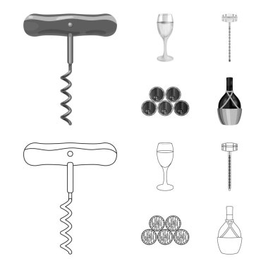Tirbuşon, alkol sayaç, kasanın bir kadeh beyaz şarap varil. Şarap üretimi toplama simgeler anahat, tek renkli stil vektör simge stok çizim web ayarla..