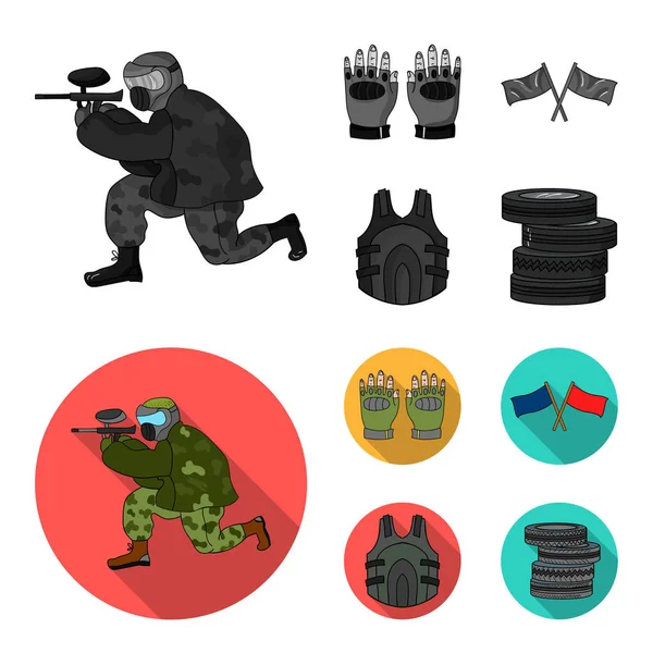 Sport, spel, paintball, competitie. Paintball set collectie iconen in zwart-wit, vlakke stijl vector symbool stock illustratie web. — Stockvector