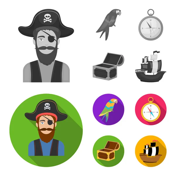 Pirata, bandido, sombrero, vendaje .Pirates conjunto de iconos de la colección en monocromo, plano estilo vector símbolo stock ilustración web . — Vector de stock