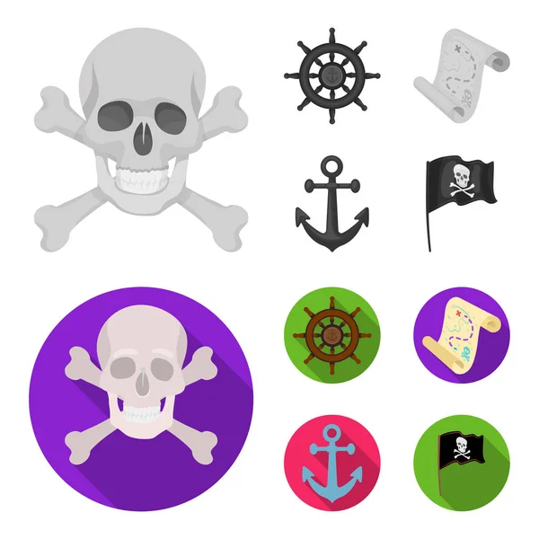 Pirata, bandido, timón, bandera .Pirates conjunto de iconos de la colección en monocromo, vector de estilo plano símbolo stock illustration web . — Vector de stock