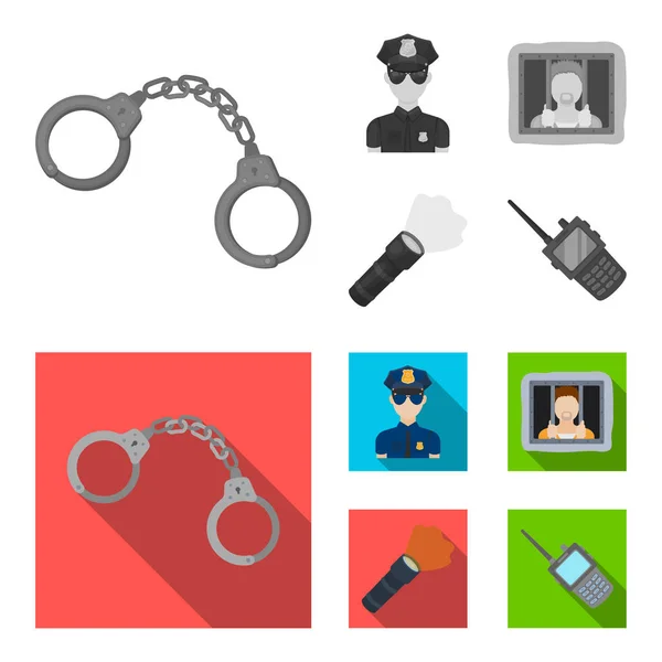 Esposas, policía, prisionero, linterna. Iconos de colección conjunto de policía en monocromo, vector de estilo plano símbolo stock illustration web . — Archivo Imágenes Vectoriales