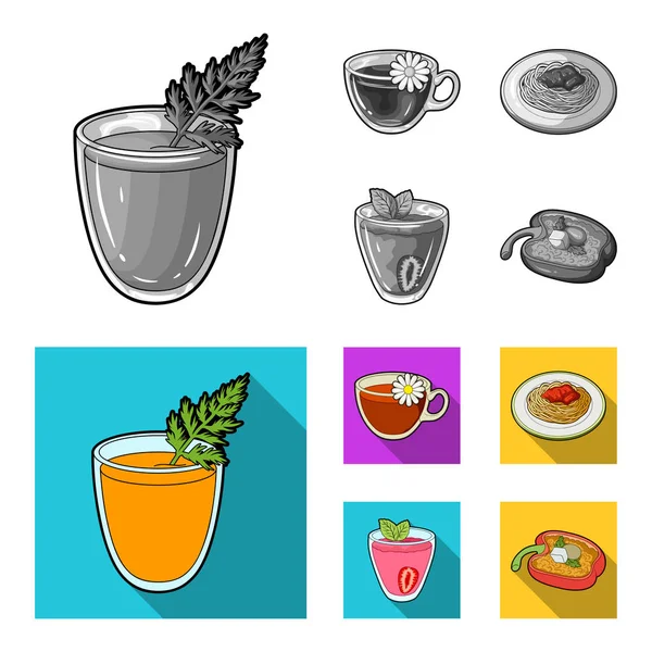 胡萝卜汁在玻璃杯里, 菊花茶在杯子里, 粥放在盘子上, 草莓汁放在玻璃杯里用叶子。素食菜肴集单色、平式矢量符号库收藏图标 — 图库矢量图片