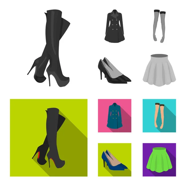 Frauen hohe Stiefel, Mäntel auf Knöpfen, Strümpfe mit Gummiband mit Muster, hochhackige Schuhe. Damenbekleidung Set Sammlung Symbole in monochrom, flachen Stil Vektor Symbol Stock Illustration Web. — Stockvektor