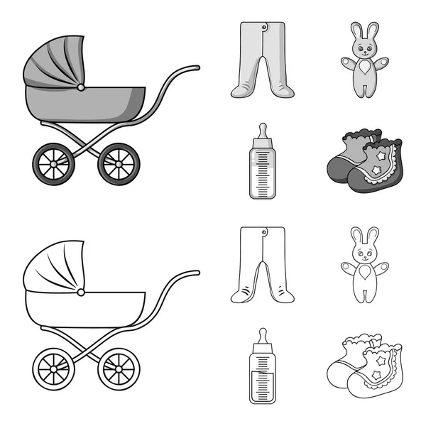 Cochecito, botella con un chupete, juguete, sliders.Baby nacido conjunto de iconos de la colección en el contorno, el estilo monocromo vector símbolo stock ilustración web . — Archivo Imágenes Vectoriales