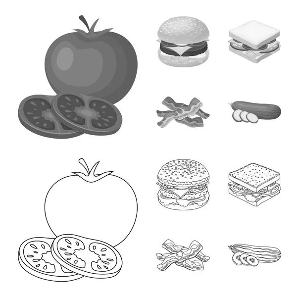 Burger e contorno ingredienti, icone monocromatiche nella collezione set per il design. Burger cottura vettoriale simbolo stock web illustrazione . — Vettoriale Stock