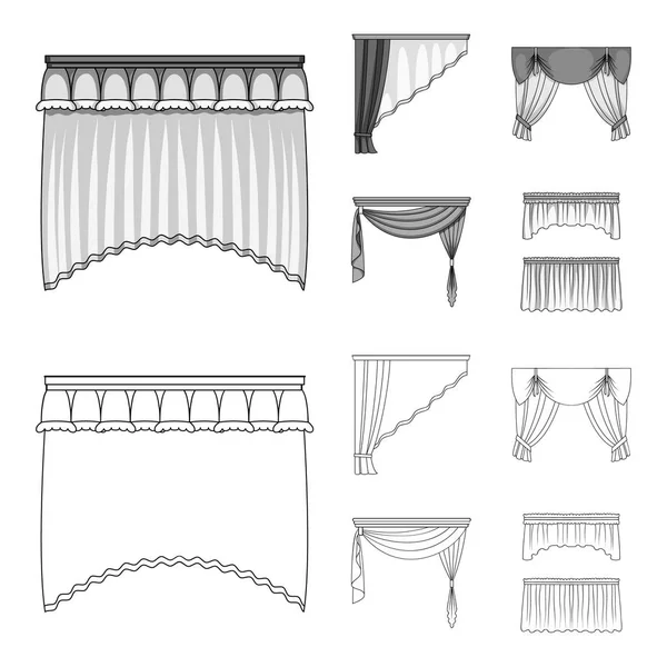 Pencere perdeleri farklı türleri. Perdeleri toplama simgeler anahat, tek renkli stil vektör simge stok çizim web ayarla..