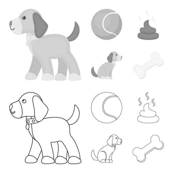 Dog sitting, dog standing, tennis ball, feces. Dog set collection icons in outline,monochrome style vector symbol stock illustration web. — Stock Vector