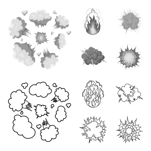 Alevi, kıvılcım, hidrojen parçaları, atomik ya da gaz patlaması, fırtına, güneş patlaması. Patlamalar toplama simgeler anahat, tek renkli stil vektör simge stok çizim web ayarla..