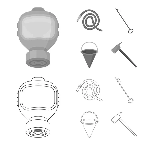 Gas mask, hose, bucket, bagore. Fire department set collection icons in outline,monochrome style vector symbol stock illustration web. — Stock Vector