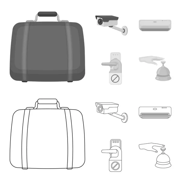 Bagagem, câmera de vigilância, ar condicionado, não perturbar o sign.Hotel conjunto coleção ícones em esboço, estilo monocromático símbolo vetorial web ilustração estoque . — Vetor de Stock