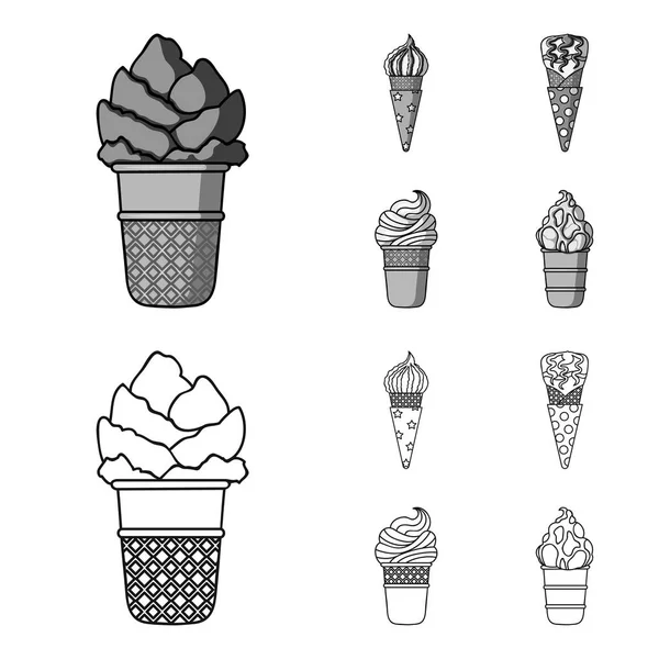 Crème glacée sur un bâton, dans un cône de gaufre et d'autres espèces. Glace ensemble icônes de la collection dans les grandes lignes, monochrome style vectoriel symbole illustration web . — Image vectorielle