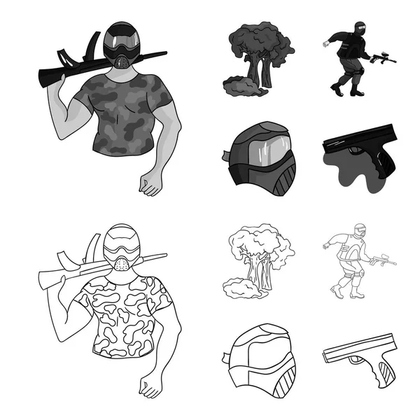 Mask, pistol, måla, inventering. Paintball som samling ikoner i disposition, svartvit stil vektor symbol stock illustration web. — Stock vektor