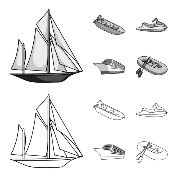 古代帆船, 机动船, 滑板车, 船用班轮。船舶和水运集合图标的轮廓, 单色风格矢量符号股票插画网站. — 图库矢量图片