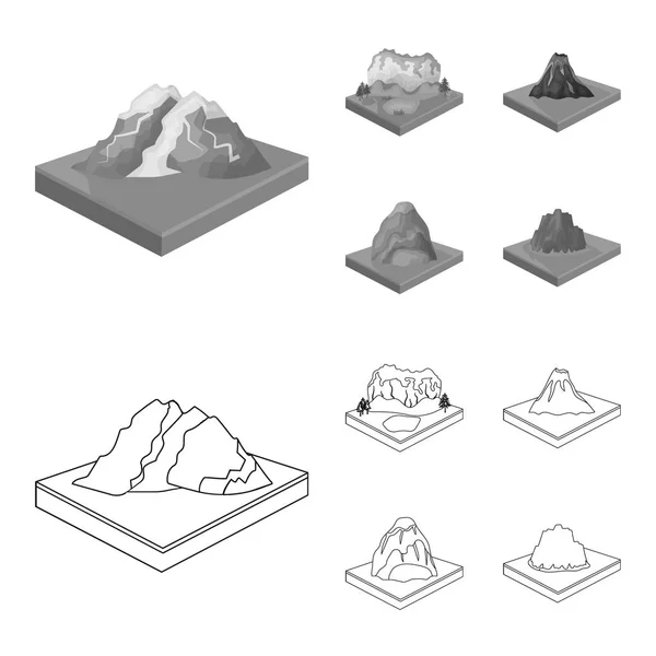 Montanhas, rochas e paisagem. Alívio e montanhas conjunto de ícones de coleta em contorno, estilo monocromático símbolo vetorial isométrico estoque ilustração web . — Vetor de Stock
