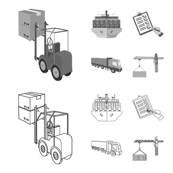 海上貨物、署名文書交付、トラック、タワー クレーン コンテナーに。物流・納品概要、モノクロ スタイル等尺性のベクトル シンボル ストック イラストでコレクションのアイコンを設定 — ストックベクタ