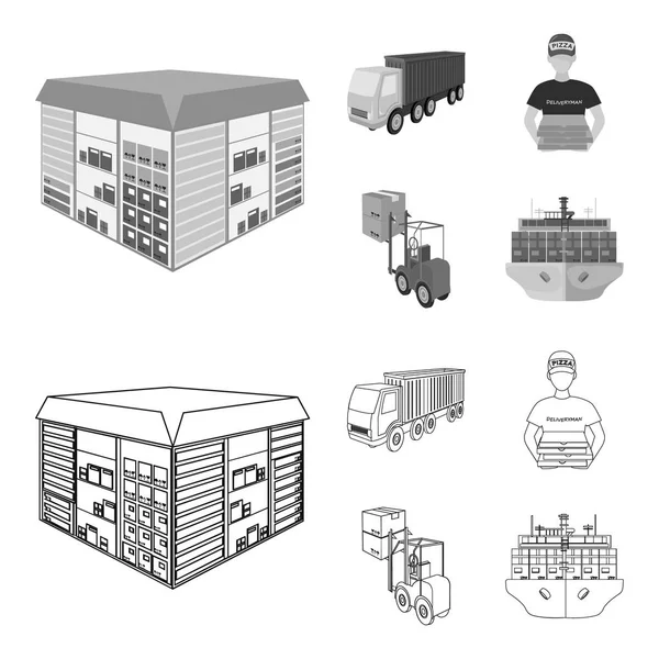 Truck, courier for delivery of pizza, forklift, storage room. Logistics and delivery set collection icons in outline,monochrome style isometric vector symbol stock illustration web. — Stock Vector