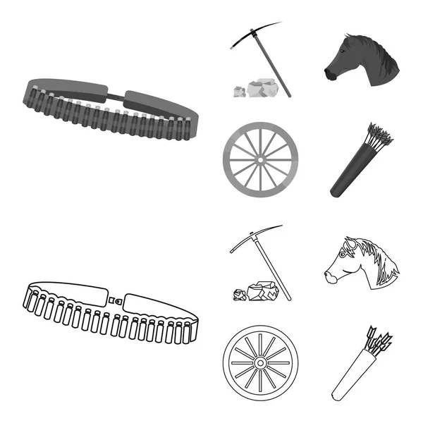 Azada Pickax, cabeza de caballo, carro de la rueda, carcaj con flechas. Iconos de colección conjunto del oeste salvaje en el contorno, el estilo monocromo vector símbolo stock ilustración web . — Archivo Imágenes Vectoriales