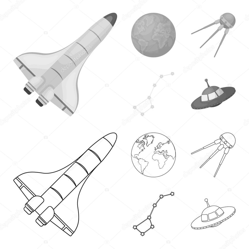 Planet Earth with continents and oceans, flying satellite, Ursa Major, UFO. Space set collection icons in outline,monochrome style vector symbol stock illustration .