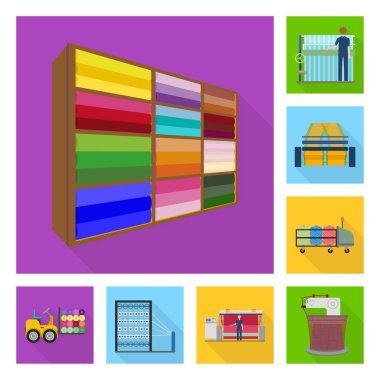 Tekstil Sanayi set koleksiyonu tasarım için düz simgeler. Sembol stok web illüstrasyon vektör Tekstil ekipman ve kumaşlar.