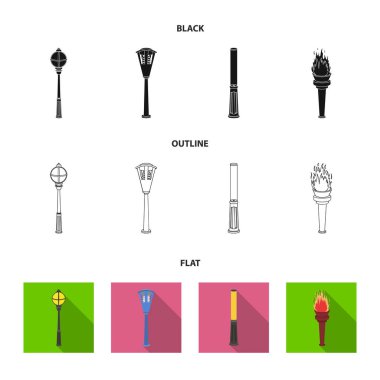 Retro tarzı, modern fener, meşale ve diğer tip-in sokak sokak lâmbası direği. Elektrik direği koleksiyonu Icons set siyah, düz, anahat stili vektör simge stok çizim web.