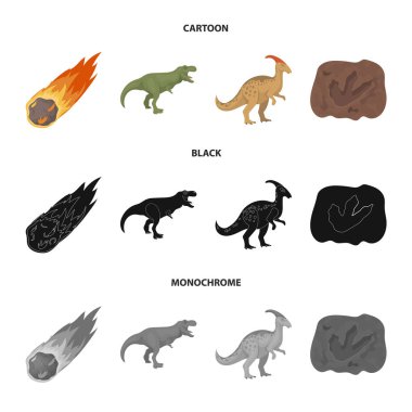 Düşen bir göktaşı, parasaurolophus, tyrannosaurus, bir dinozor ayak olan. Dinozor ve tarih öncesi dönem çizgi film, siyah, tek renkli stil vektör simge stok simgeler ayarla