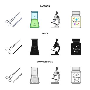 Vitaminler, bir şişesi bir çözüm ve diğer ekipmanlar ile bir banka. İlaç toplama simgeler çizgi film, siyah, tek renkli stil vektör simge stok çizim web içinde ayarla..