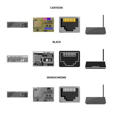 Klavye, yönlendirici, anakart ve bağlayıcı. Kişisel bilgisayar toplama simgeler çizgi film, siyah, tek renkli stil vektör simge stok çizim web içinde ayarla..