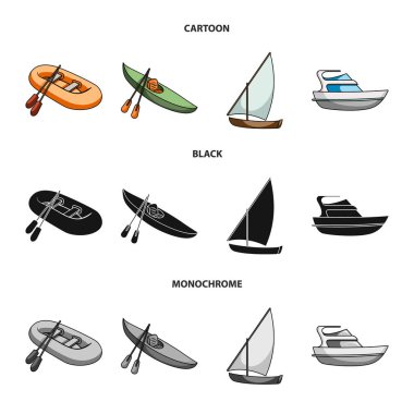 Balıkçılık Tekne, bir kayık kürek ile bir balık tutma schooner, motor yat bir lastik. Gemi ve Su ulaştırma araçları toplama simgeler çizgi film, siyah, tek renkli stil vektör simge stok çizim web ayarla.