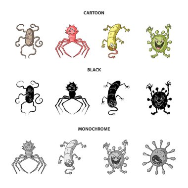 Mikrop ve virüs farklı türleri. Virüs ve bakteriler toplama simgeler çizgi film, siyah, tek renkli stil vektör simge stok çizim web ayarla.