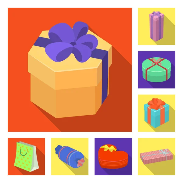 Ajándék és a csomagolás lapos ikonok beállítása gyűjtemény a design. Színes csomagolás szimbólum állomány honlap illusztráció vektor. — Stock Vector