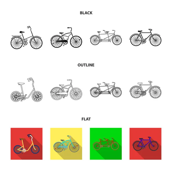 Kinderfahrrad, ein doppeltes Tandem und andere Typen. Verschiedene Fahrräder setzen Sammlungssymbole in schwarz, flach, Umrissstil Vektor-Symbol Stock Illustration Web. — Stockvektor