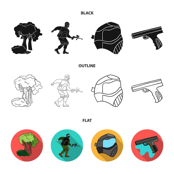 Maske, silah, boya, stok. Paintball koleksiyonu Icons set siyah, düz, anahat stili vektör simge stok çizim web. — Stok Vektör