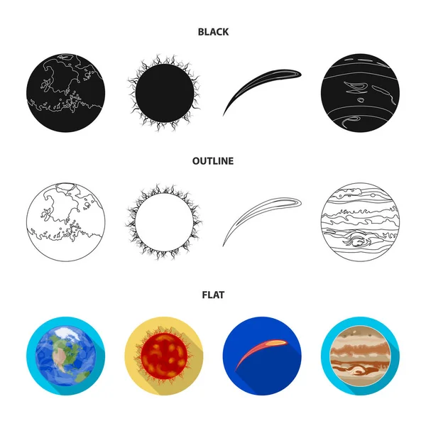 Föld, Jupiter, a bolygó a Naprendszer a nap. Aszteroida, meteorit. Bolygók településen rajzfilm stílusú vektor szimbólum stock illusztráció web ikonok gyűjtemény. — Stock Vector