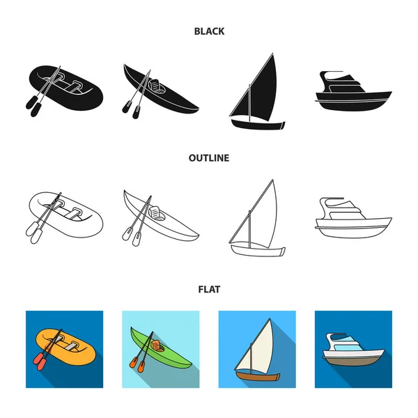 Un bateau de pêche en caoutchouc, un kayak avec des rames, une goélette de pêche, un yacht à moteur.Les navires et le transport nautique mettent des icônes de collecte en noir, plat, contour style vectoriel symbole illustration web . — Image vectorielle