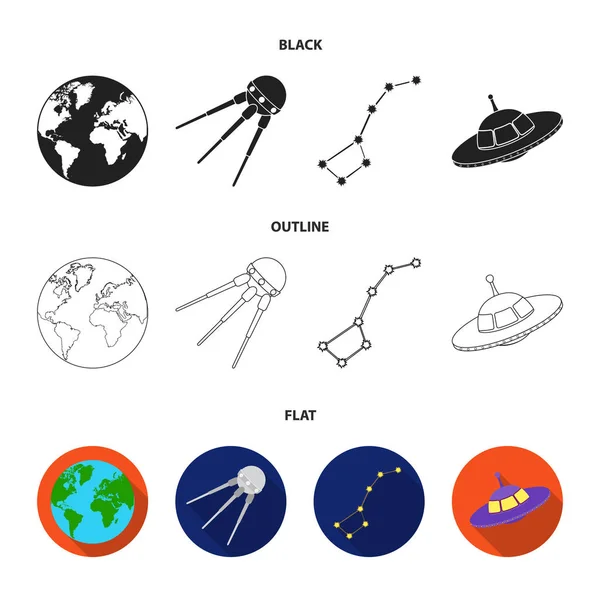 Planet Earth with continents and oceans, flying satellite, Ursa Major, UFO. Space set collection icons in black,flat,outline style vector symbol stock illustration web. — Stock Vector
