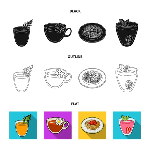 Zumo de zanahoria en un vaso, té de manzanilla en una taza, gachas en un plato, jugo de fresa en un vaso con una hoja. Platos vegetarianos conjunto de iconos de colección en el estilo de dibujos animados vector símbolo stock illustration — Archivo Imágenes Vectoriales