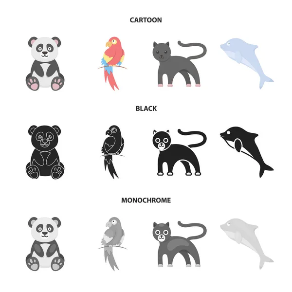 Panda.popugay, pantera, golfinho.Animal conjunto coleção ícones em desenhos animados, preto, estilo monocromático vetor símbolo estoque ilustração web . — Vetor de Stock