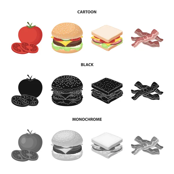 Burger ve malzemelerle çizgi film, siyah, tek renkli simgeler set koleksiyonu tasarım için. Vektör simge stok web illüstrasyon pişirme Burger. — Stok Vektör