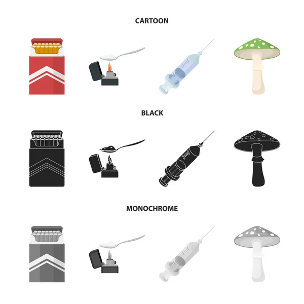 Cigarety, stříkačky, galoyucinogenic houba, heroinu v lžíci. Drog sada kolekce ikon v karikatuře, černá, monochromatickém stylu vektor symbol skladem ilustrace web. — Stockový vektor
